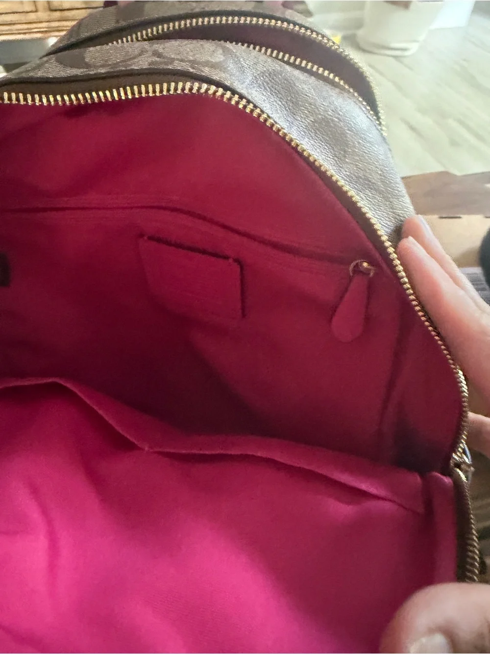 Coach Brown Signature Canvas Backpack with Hot Pink Leather Trim